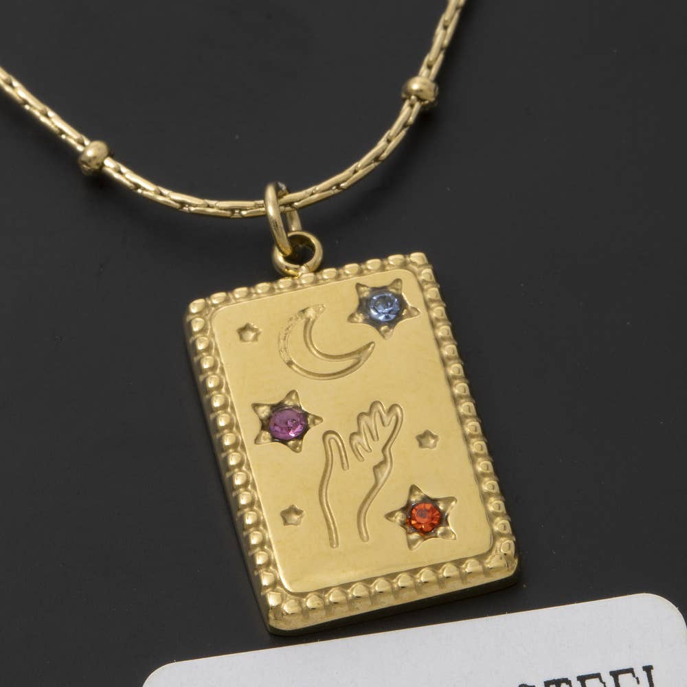 Fame Accessories - Stainless Steel Celestial Hand Moon Tag Necklace