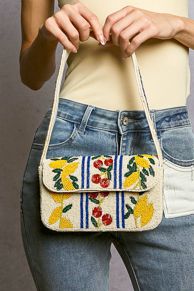 Pol Clothing - Beaded Cherry Pattern Flap Shoulder Bag