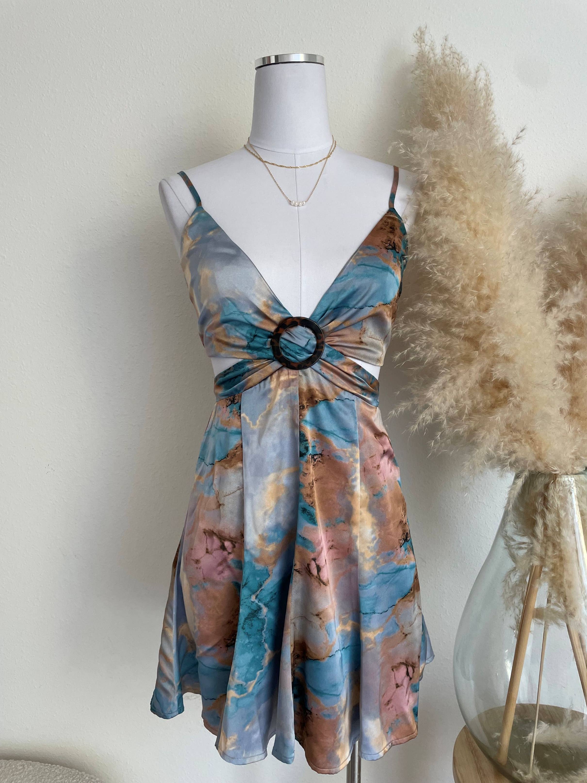 ACOA COLLECTION - BLUE MULTI CUTOUT GODET MINI DRESS