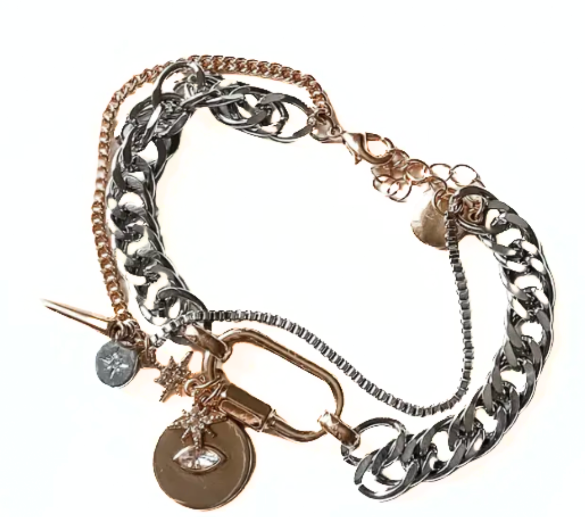 HoopLa - Horn & Evil Eye Carabiner, Multi Chain, Charm Bracelet Steel