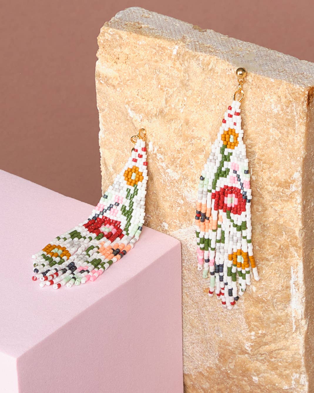 Mayana Designs Co - Beaded Handwoven Wildflower Fringe Earrings (White)