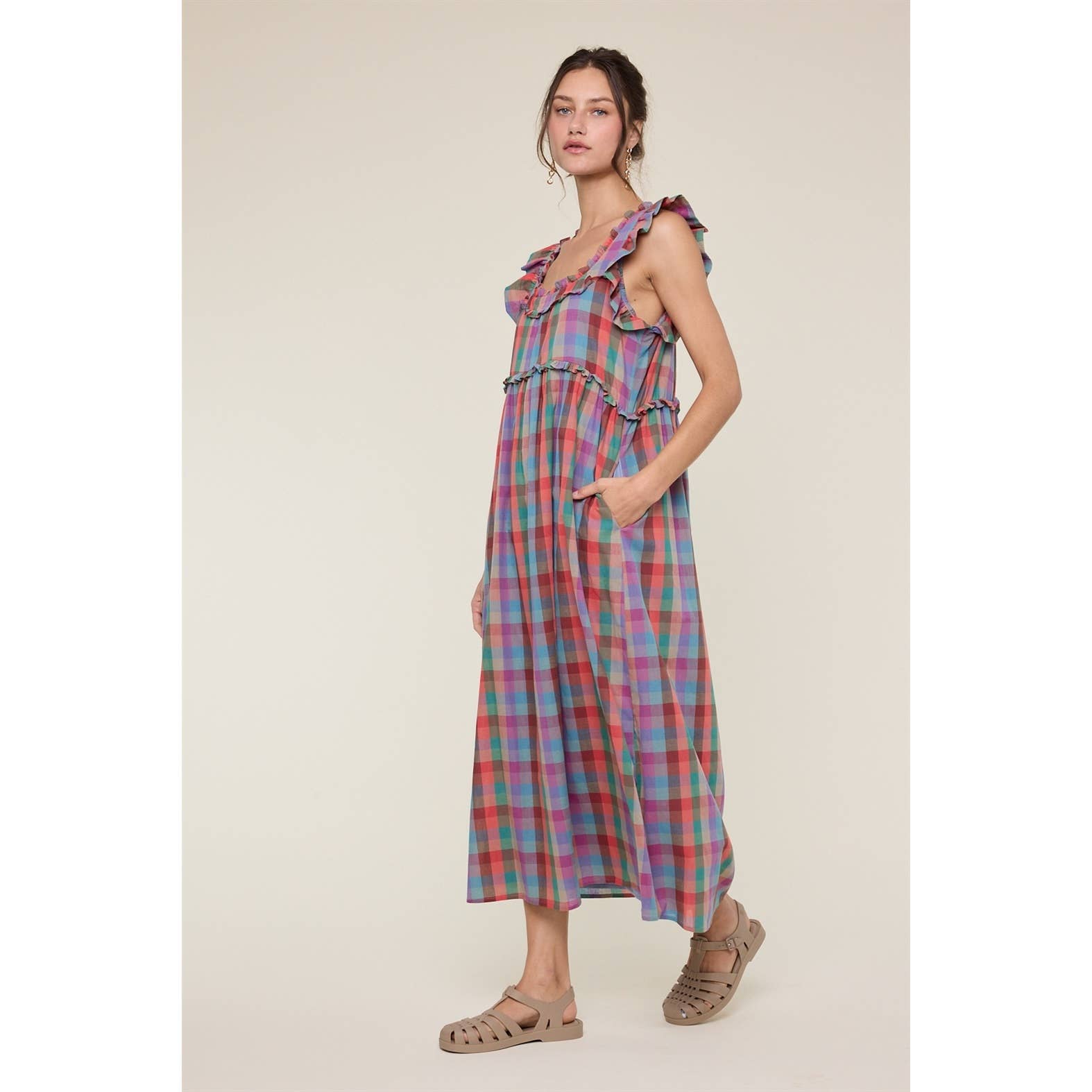 MULTICOLOR PLAID MIDI DRESS