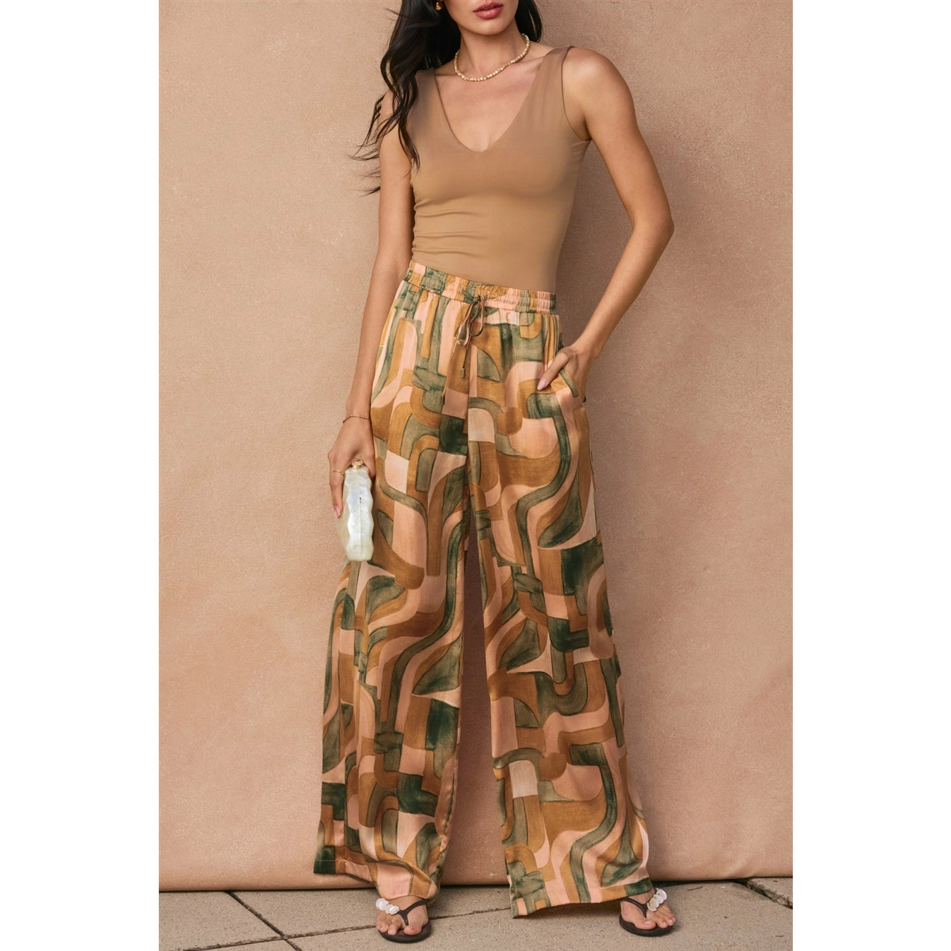 Abstract Drawstring Wide Leg Pants