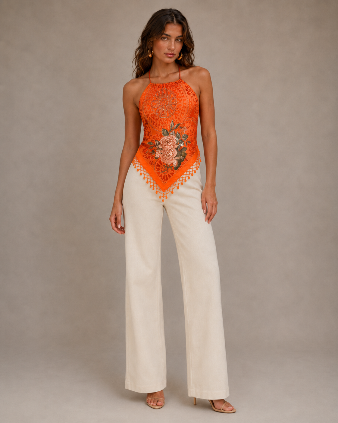 Aris A - Orange Floral Beaded Halter Top