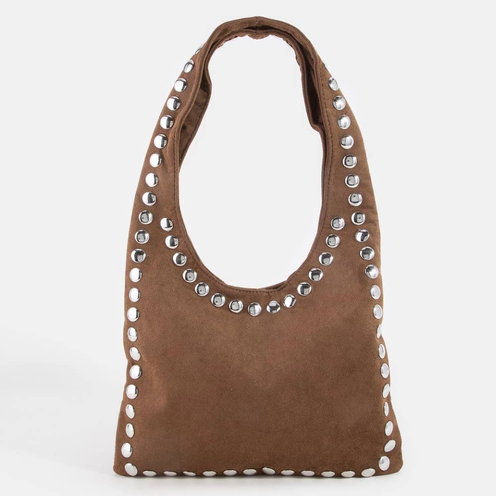 Grommet Border Studded Suede Shoulder Bag