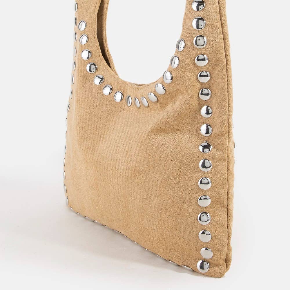 Grommet Border Studded Suede Shoulder Bag