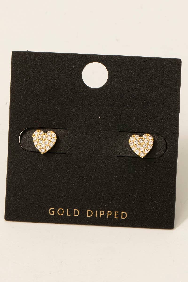 Fame Accessories - Gold Dipped Cz Pave Heart Stud Earrings