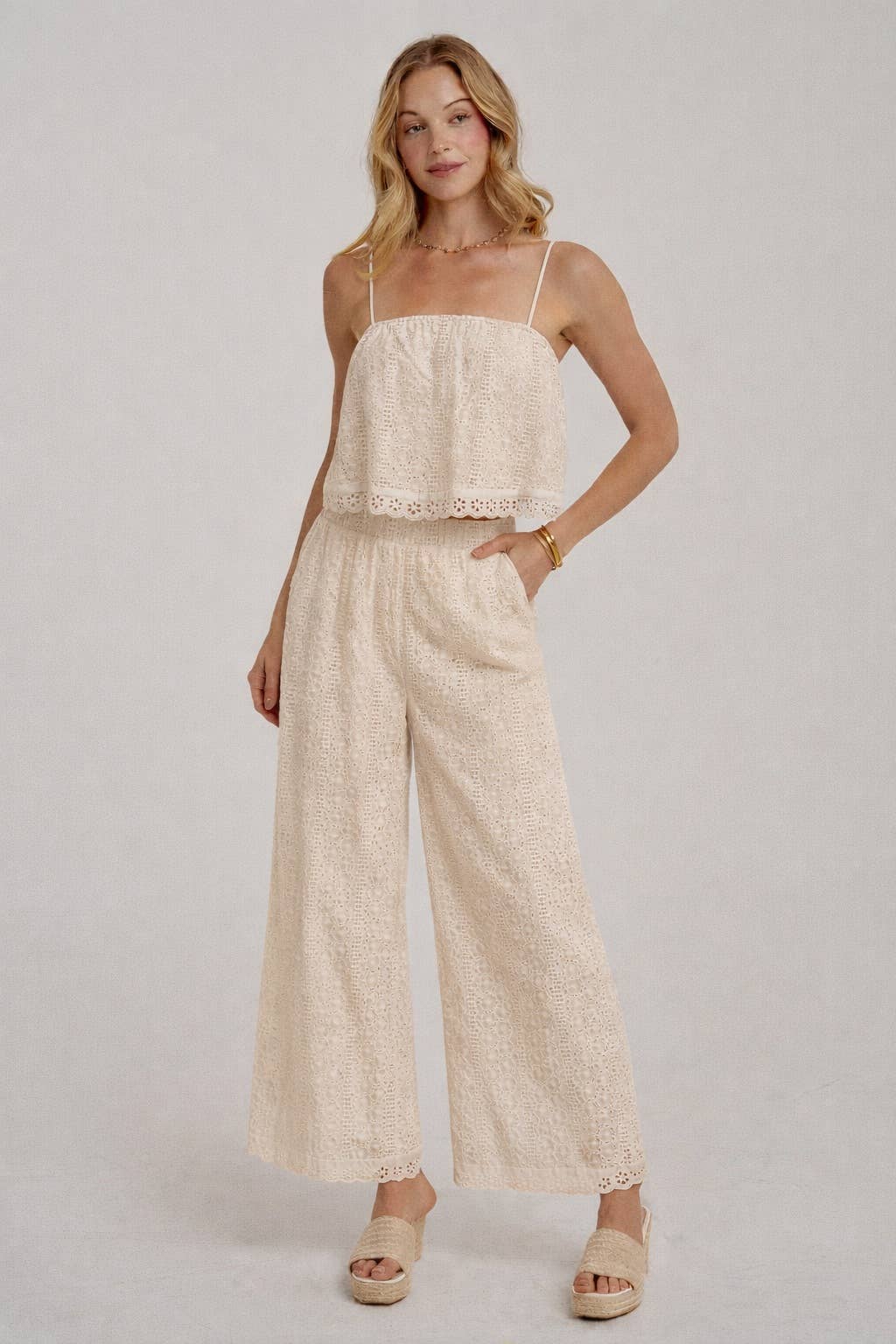 BON - EYELET LACE CROPPED CAMI TOP AND WIDE LEG PANTS SUMMER SET