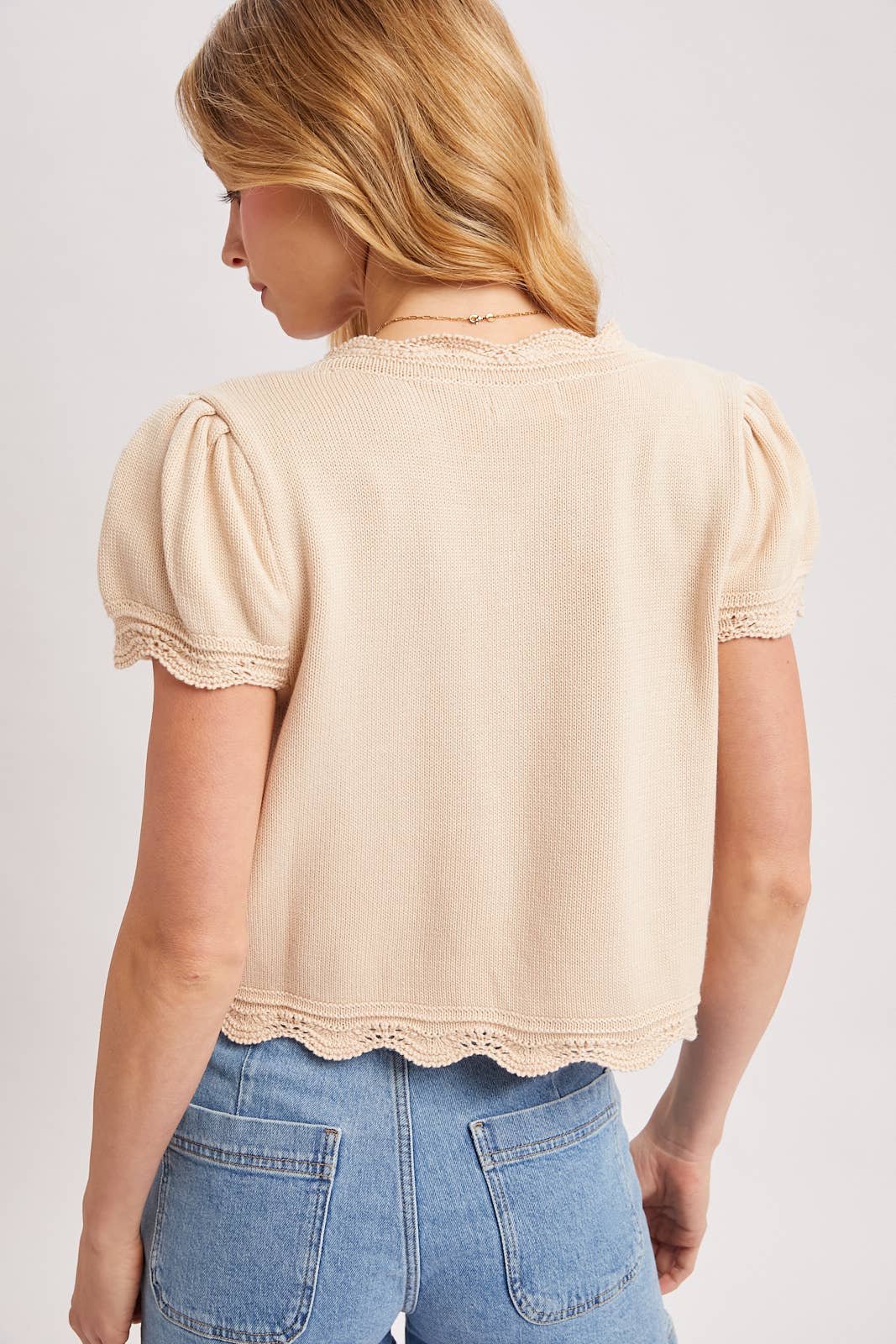 Bluivy - EMBROIDERED CAP SLEEVE OPEN FRONT SELF-TIE KNIT TOP - EASTER