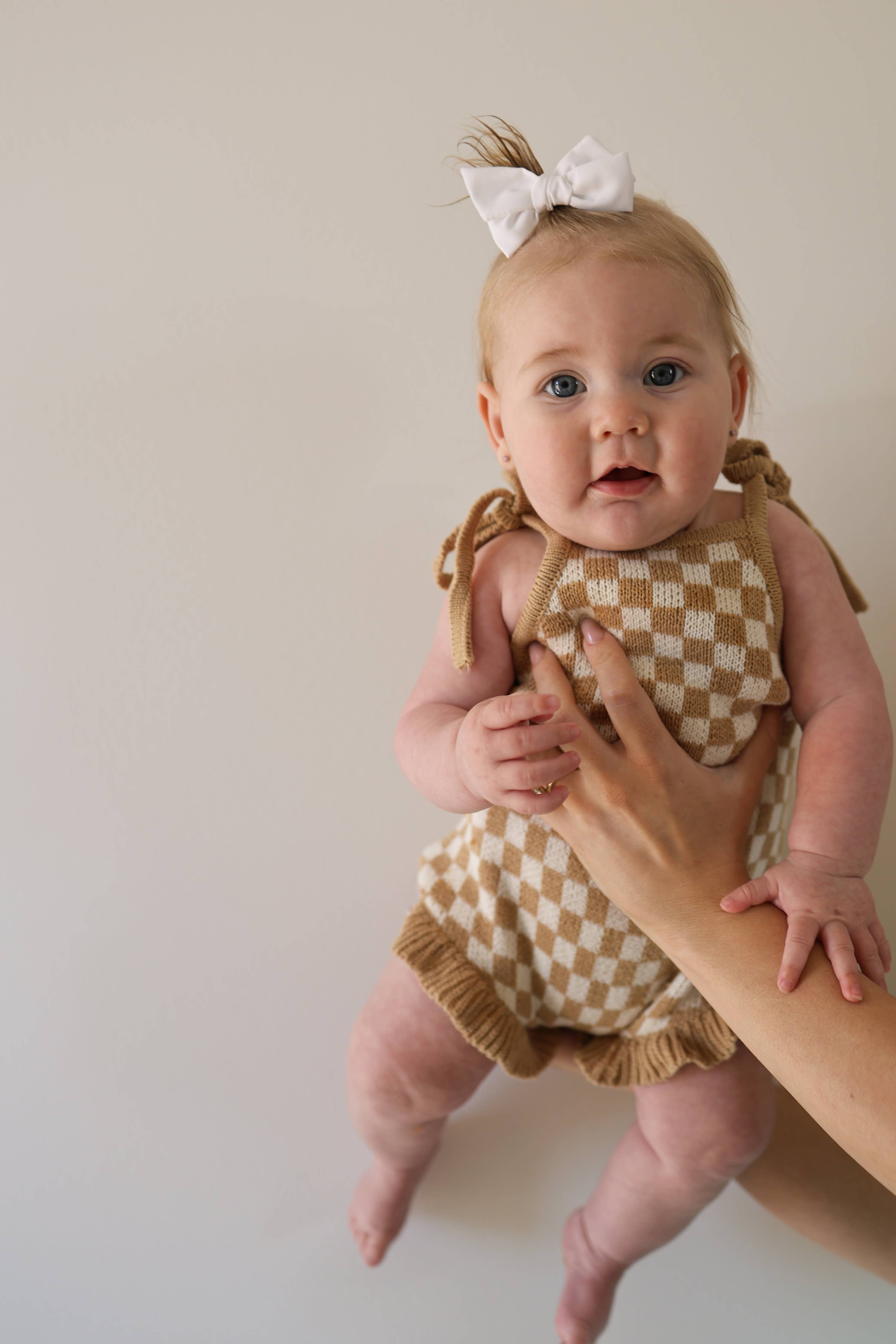 Forever French Baby - Knit Ruffle Romper | Latte Check