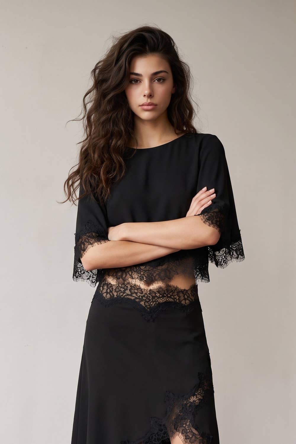 Edit by Nine - LACE HEM TWILL SATIN CAPE TOP