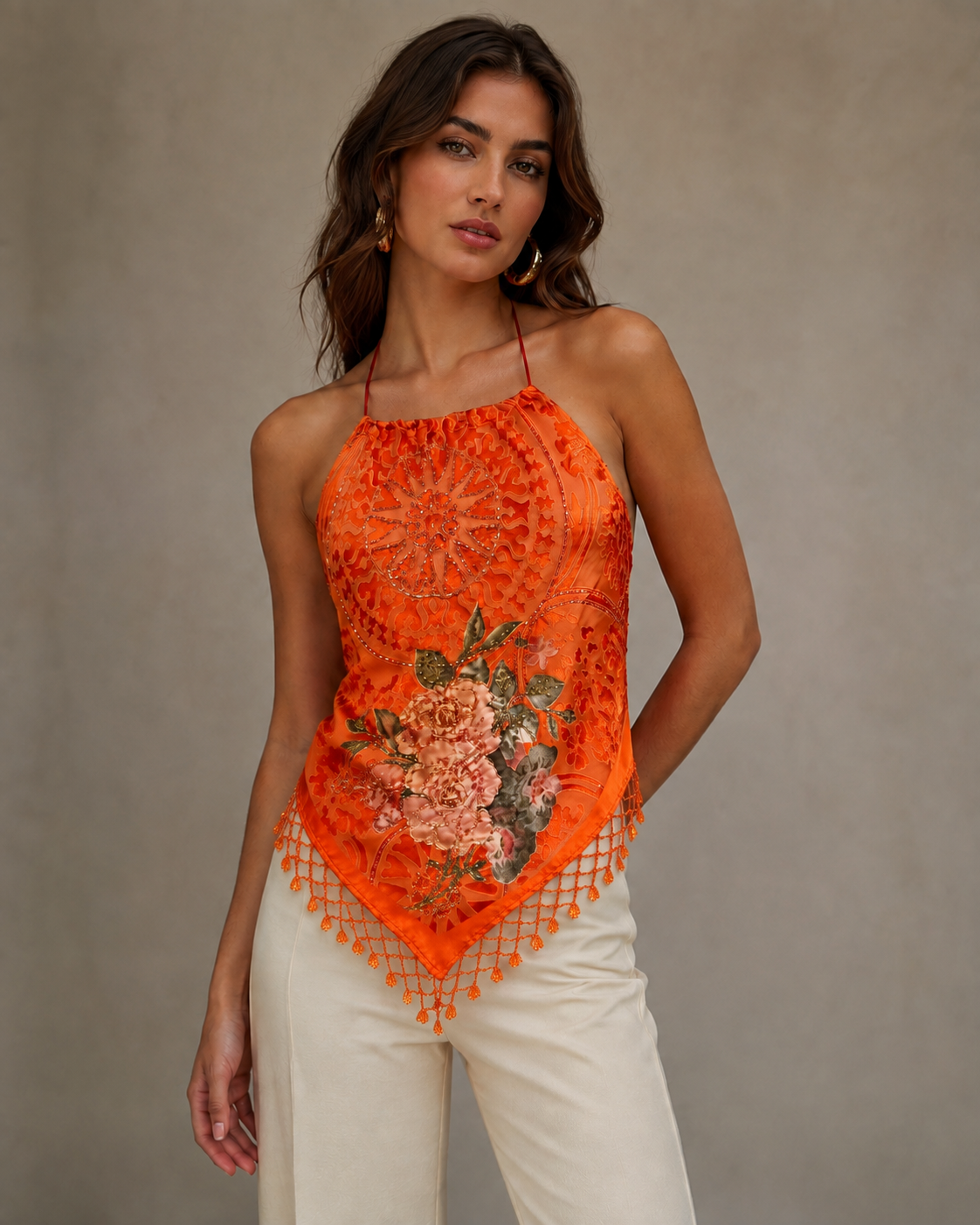 Aris A - Orange Floral Beaded Halter Top