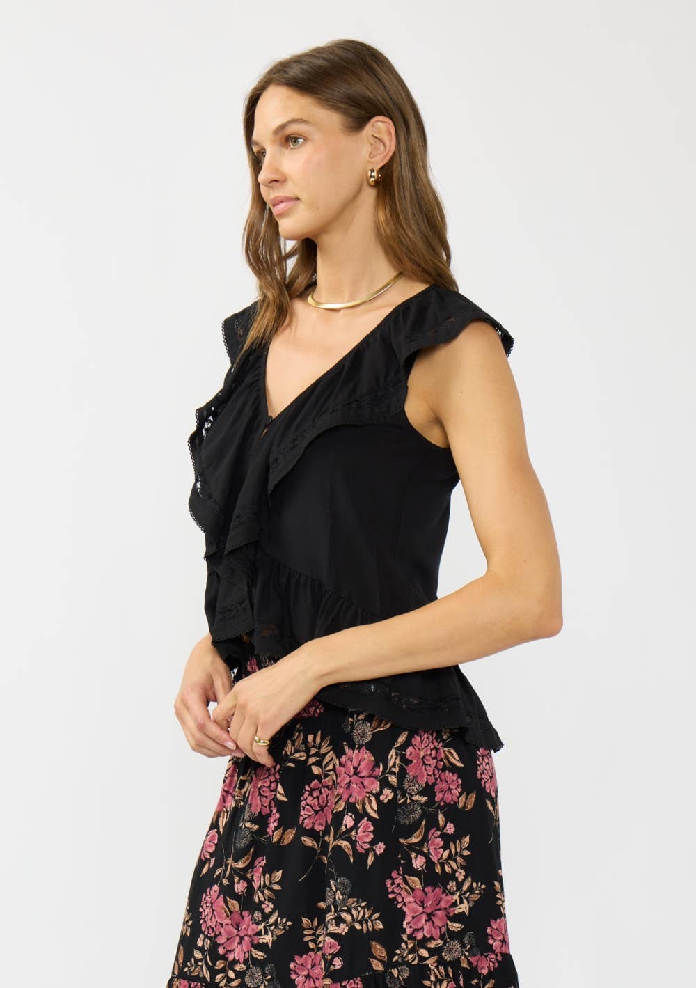 Lovestitch - V-neck Ruffle Sleeve Top with Lace Inserts & Shirred Hem