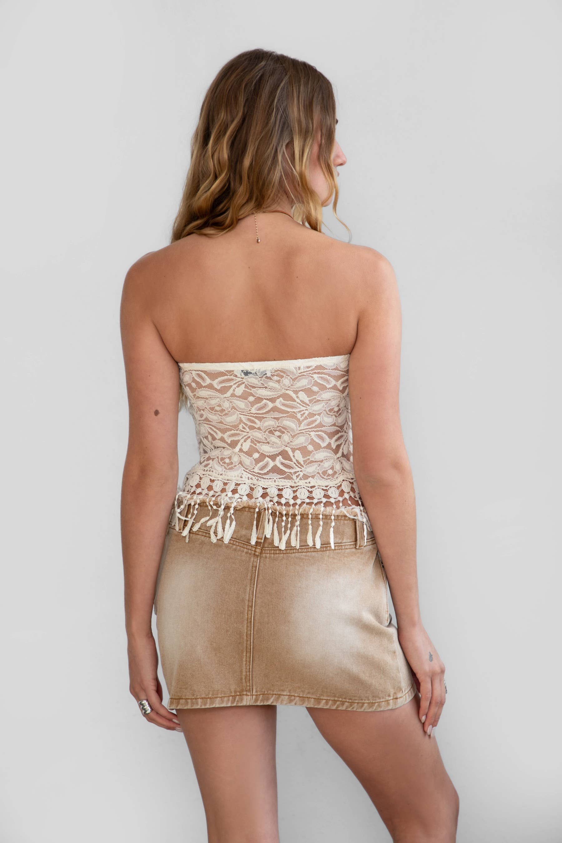 WILDER Floral Lace Fringe Strapless Bandeau Top