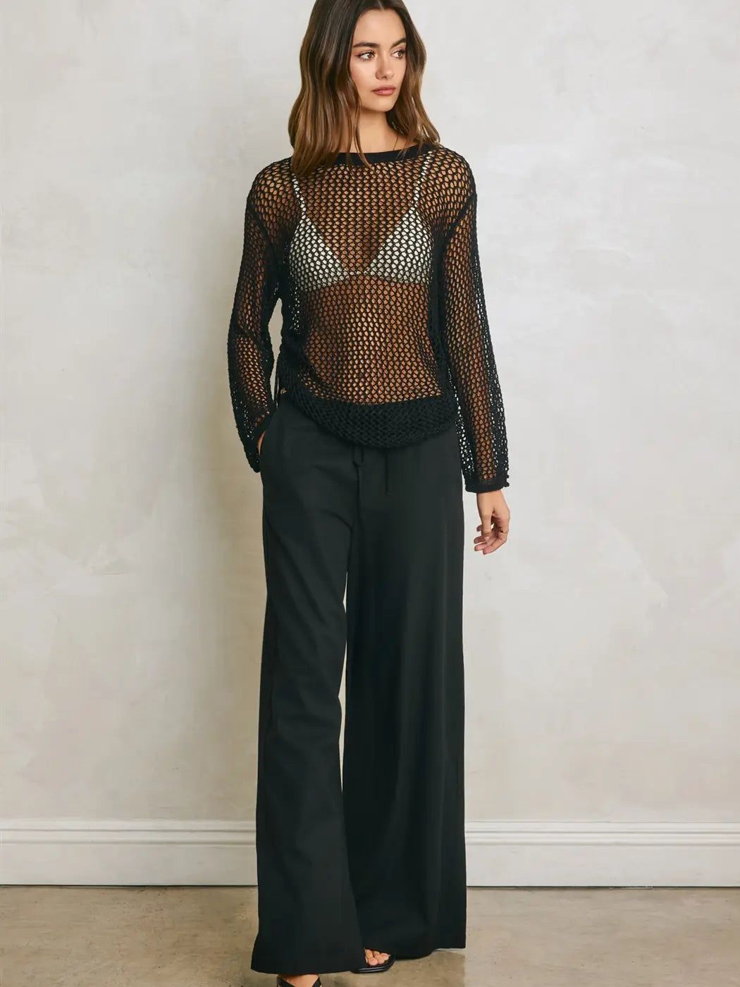 Ruched Side Long Sleeve Open Knitted Top