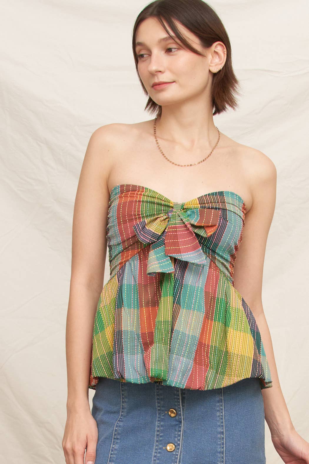 Multicolor Plaid Strapless Ribbon Top