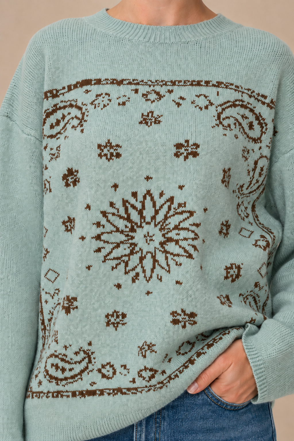 SPICE ALLEY - SA10162T - Western Bandana Jacquard Crewneck Sweater