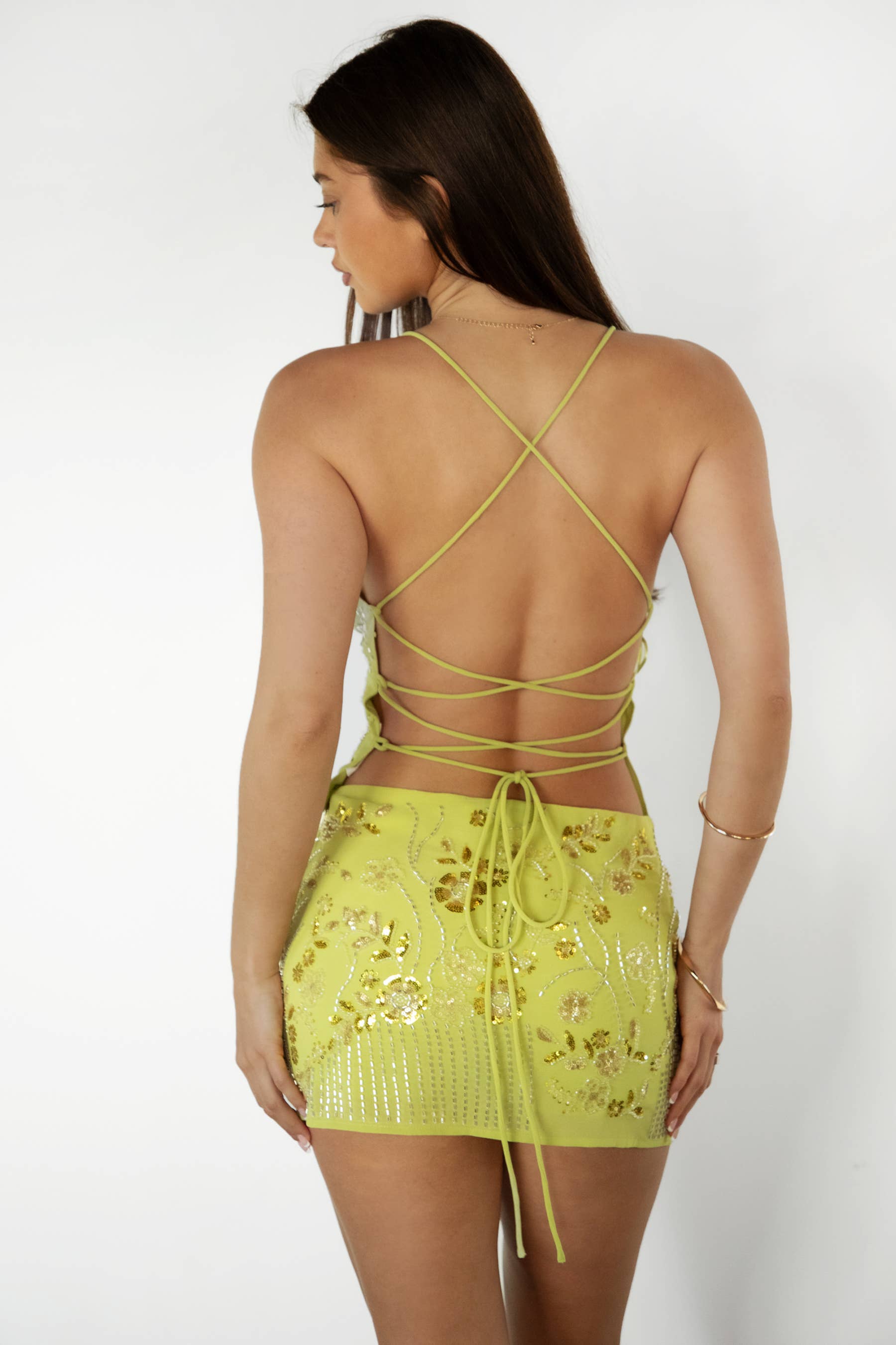 VEDA Chiffon Floral Vintage Beaded Open Back Corset Top