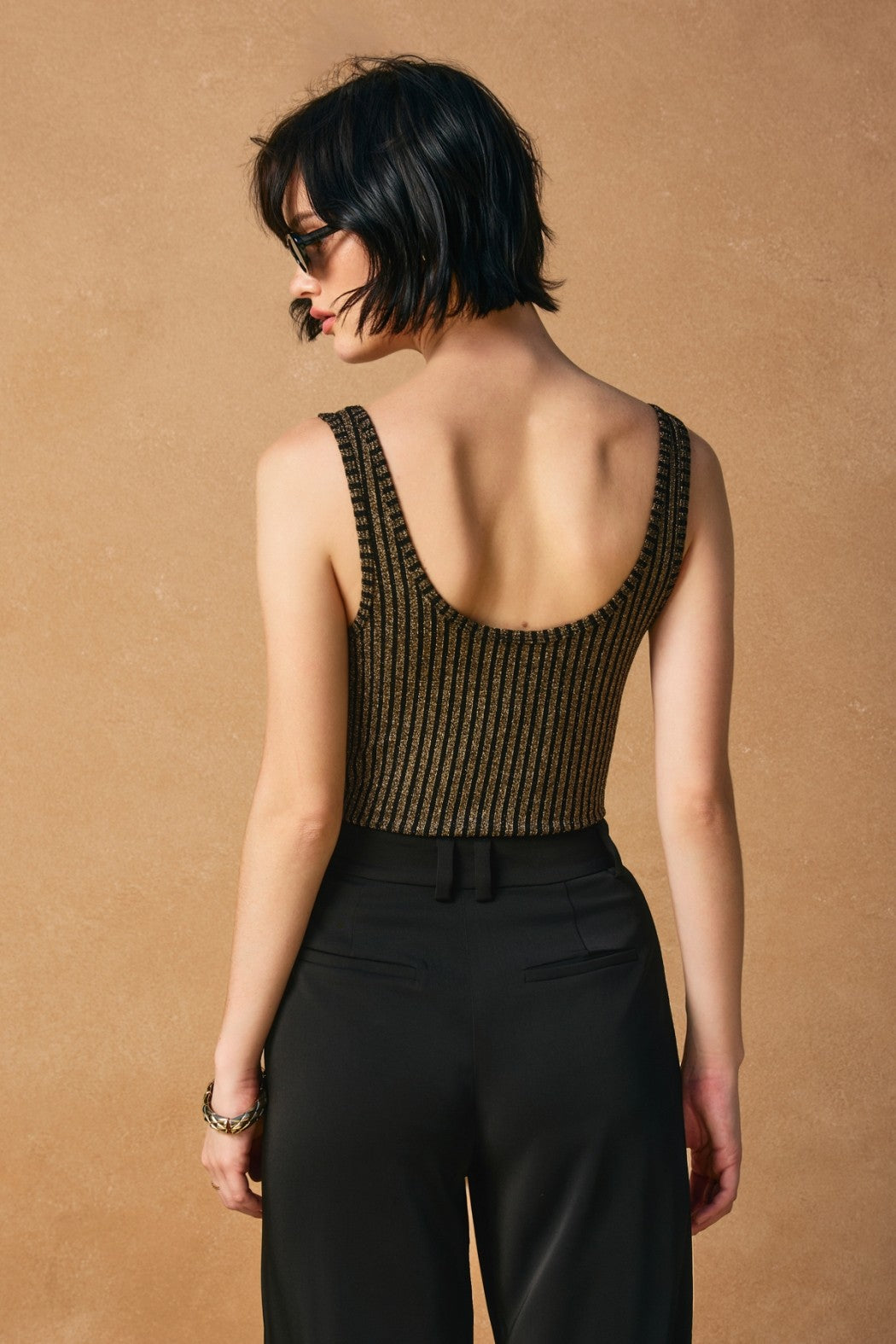 Metallic Ribbed Sleeveless Scoop Neck Bodysuit