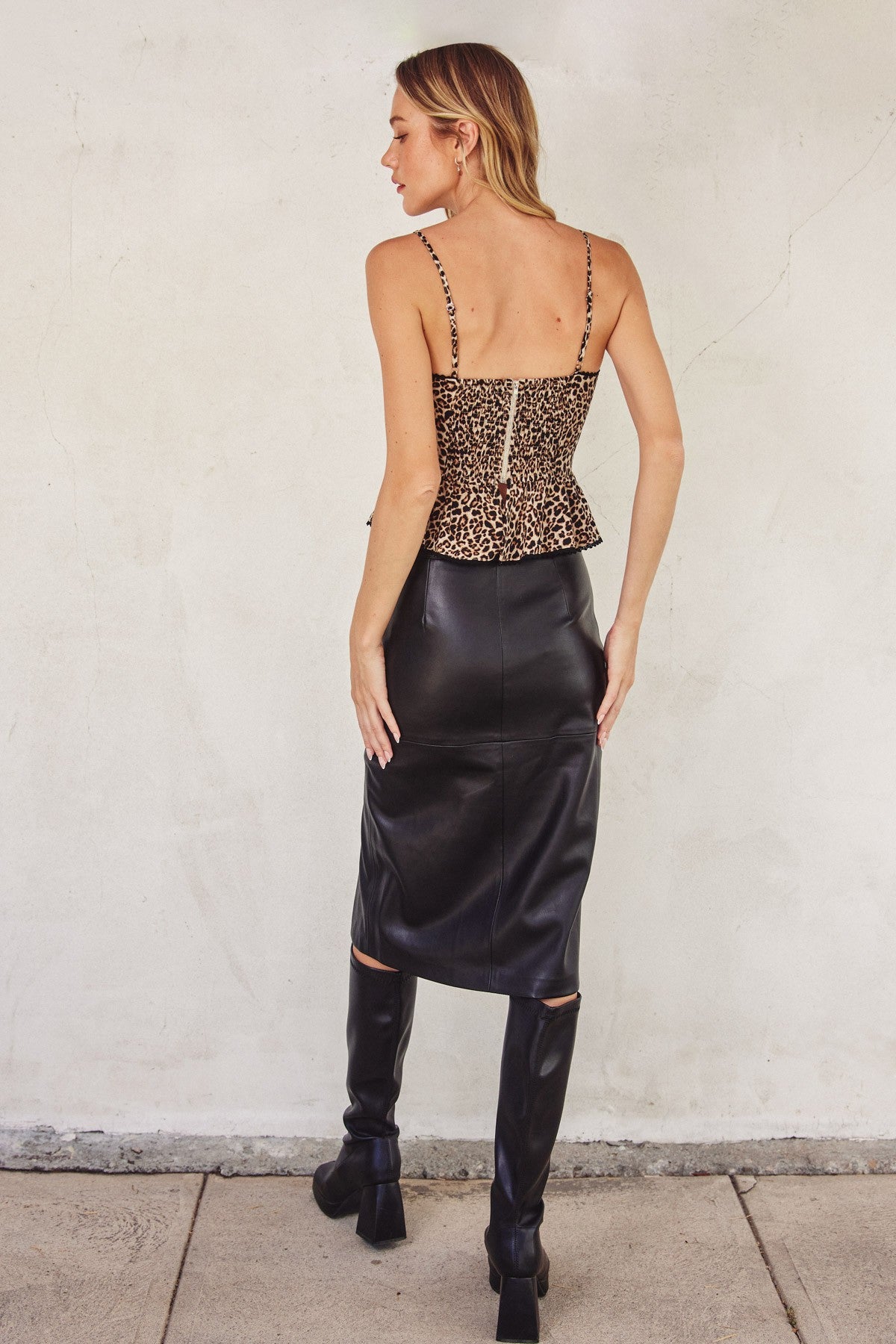 Faux Leather Midi Slit Skirt