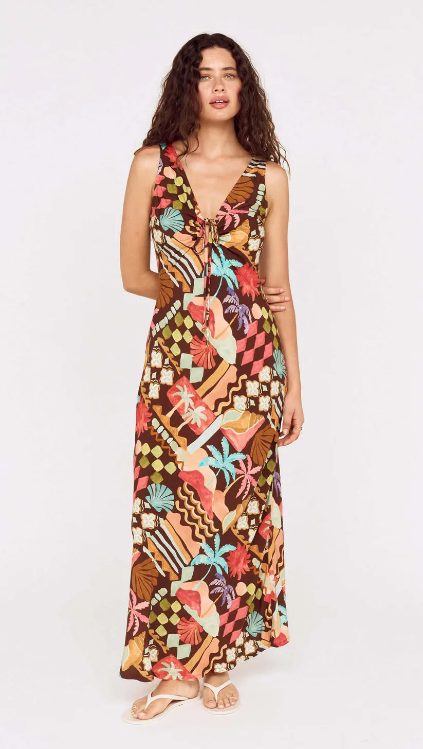 Vintage Coastal Print Keyhole Midi Dress