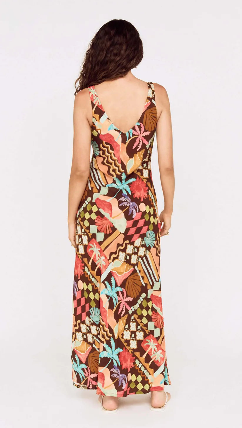 Vintage Coastal Print Keyhole Midi Dress