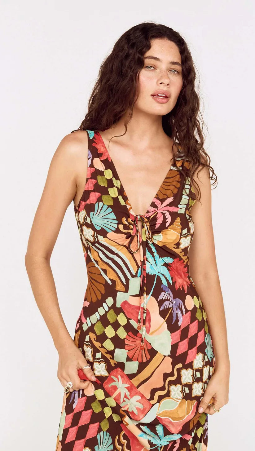 Vintage Coastal Print Keyhole Midi Dress