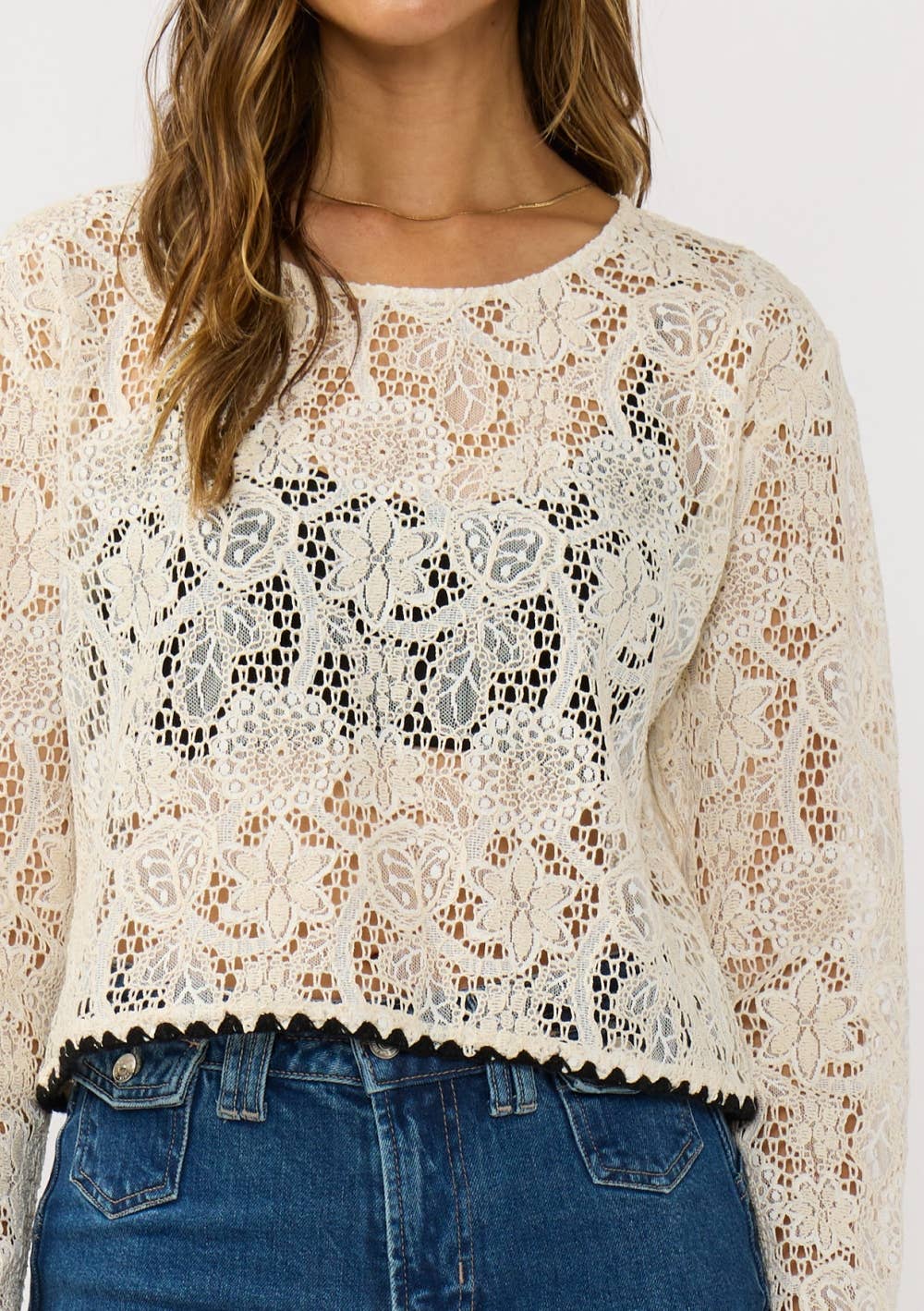Lovestitch - Crewneck Lace Top with Contrast Hem