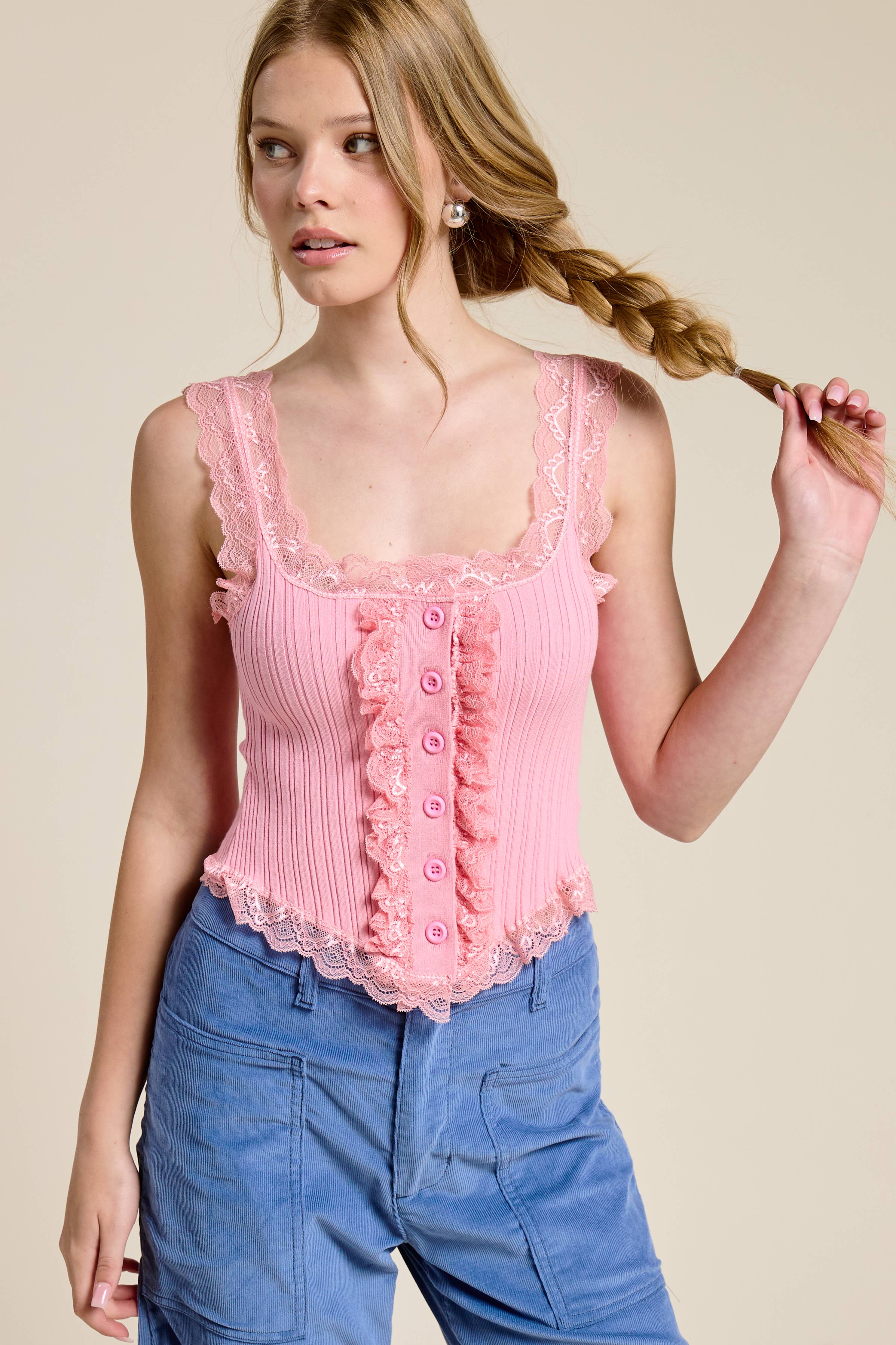 Mimosa - Scalloped Lace Trim Corset-Bodice Knit Tank Top