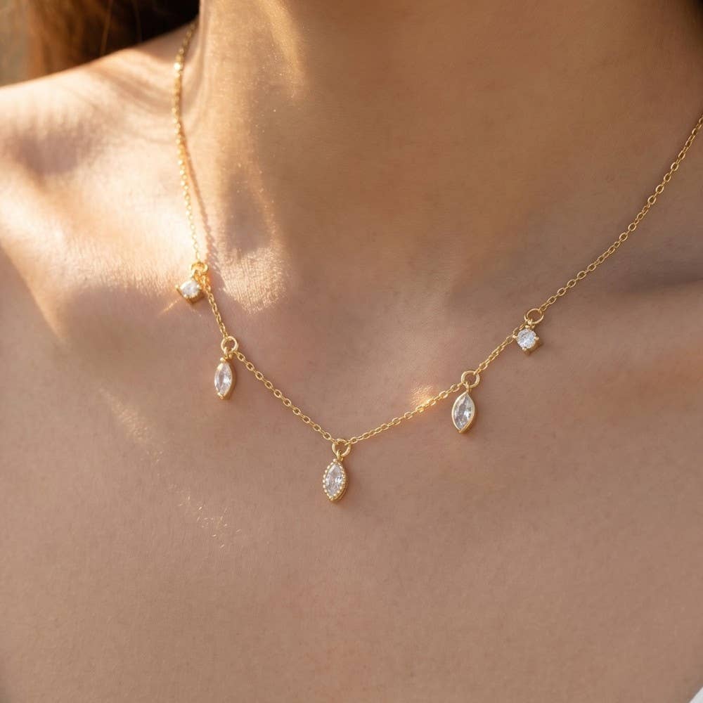 Fame Accessories - Delicate Rhinestone Station Necklace