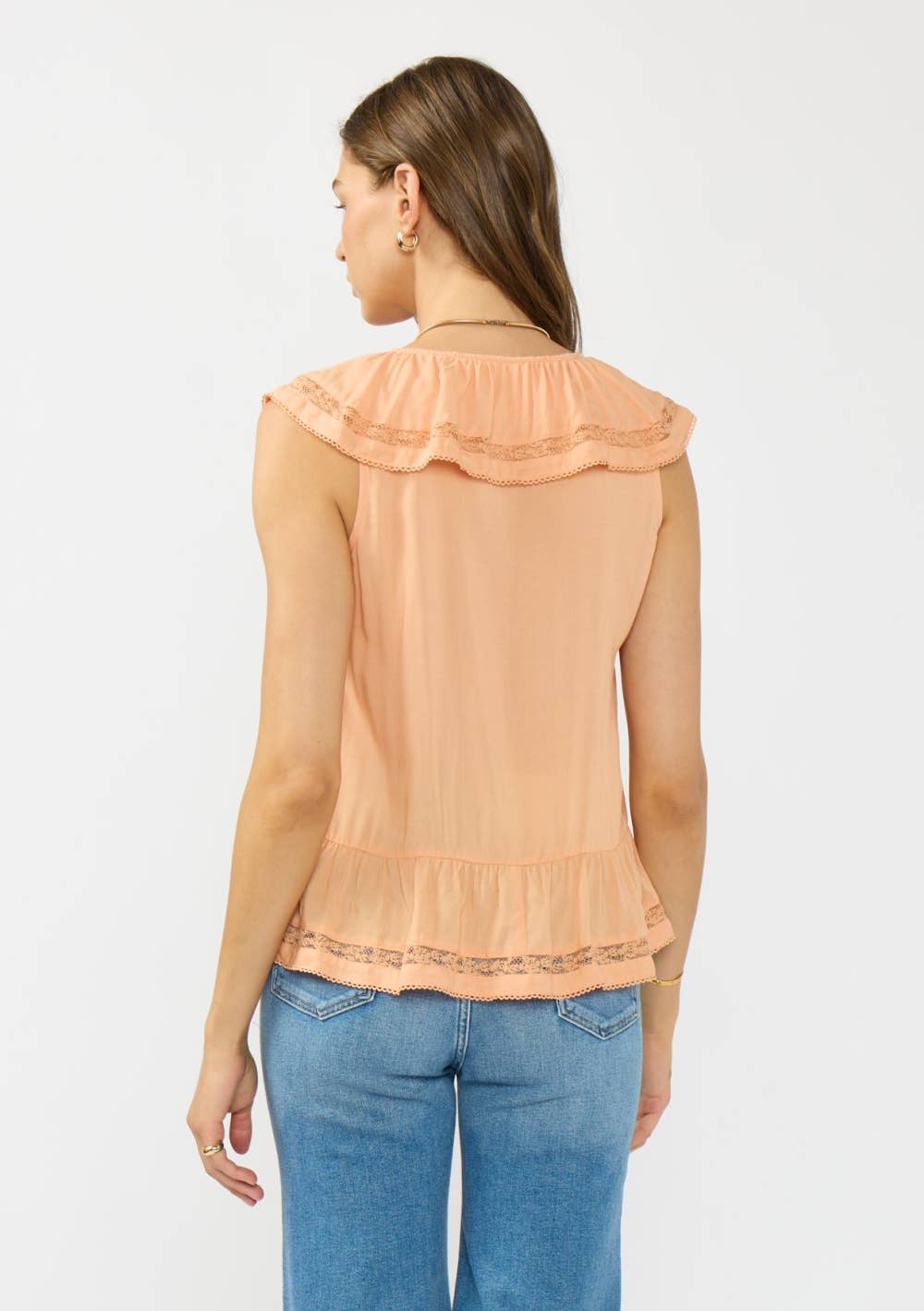 Lovestitch - V-neck Ruffle Sleeve Top with Lace Inserts & Shirred Hem