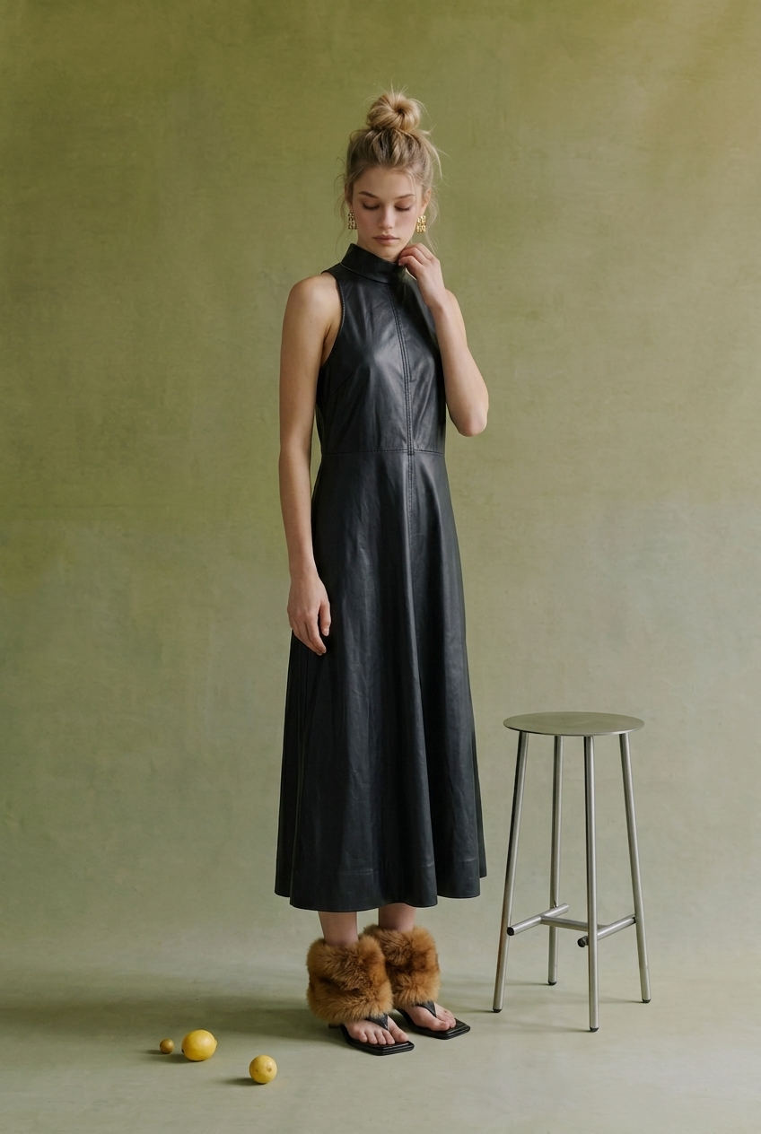 Yours Truly - SOD1627 Faux Leather Mock Neck Midi Dress