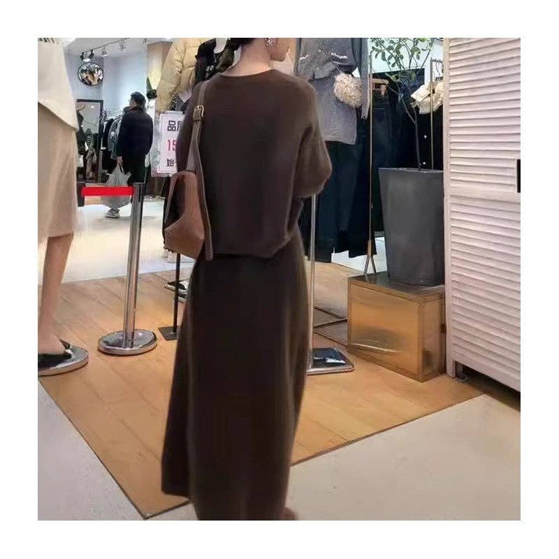 Sheer Trend - Solid Color Straight Skirt Sweater Two Piece Set