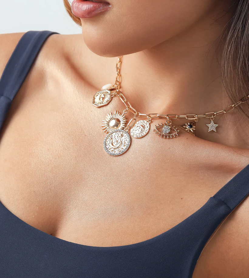 HoopLa - Celestial Coin and Charm Necklace Moon and Sun Charms