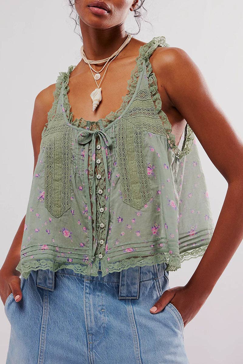 Mccolin - Lace-Trimmed Button-Front Tank