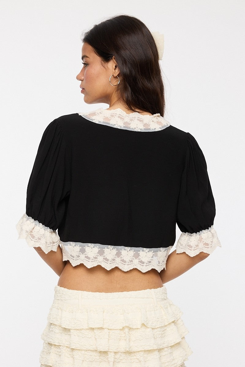 Lace Trim Front Button Crop Top
