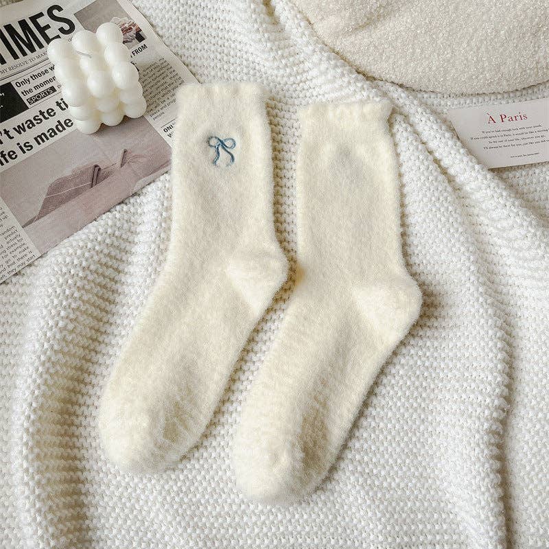 Dipped Shop - Winter Plush Solid Color Bow Embroidery Crew Socks
