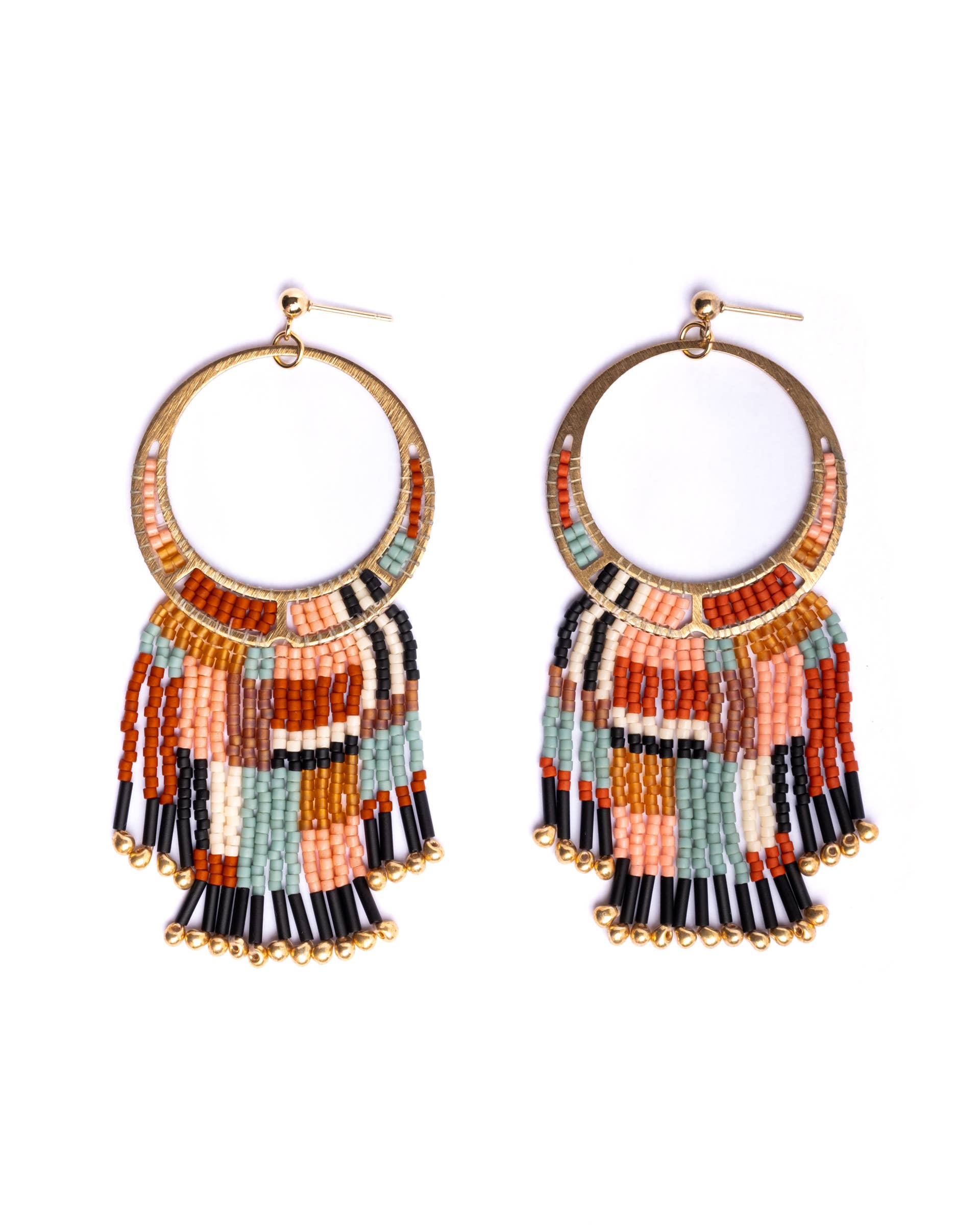 Mayana Designs Co - Beaded Handwoven Painted Desert Fringe Earrings (Aqua/Rust)