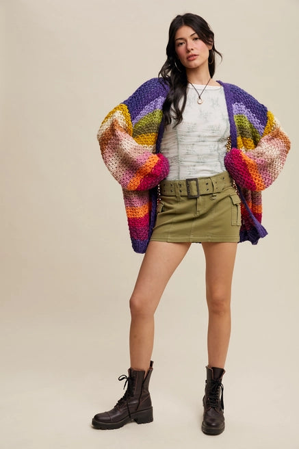 Rainbow Hand-Crochet Open Cardigan