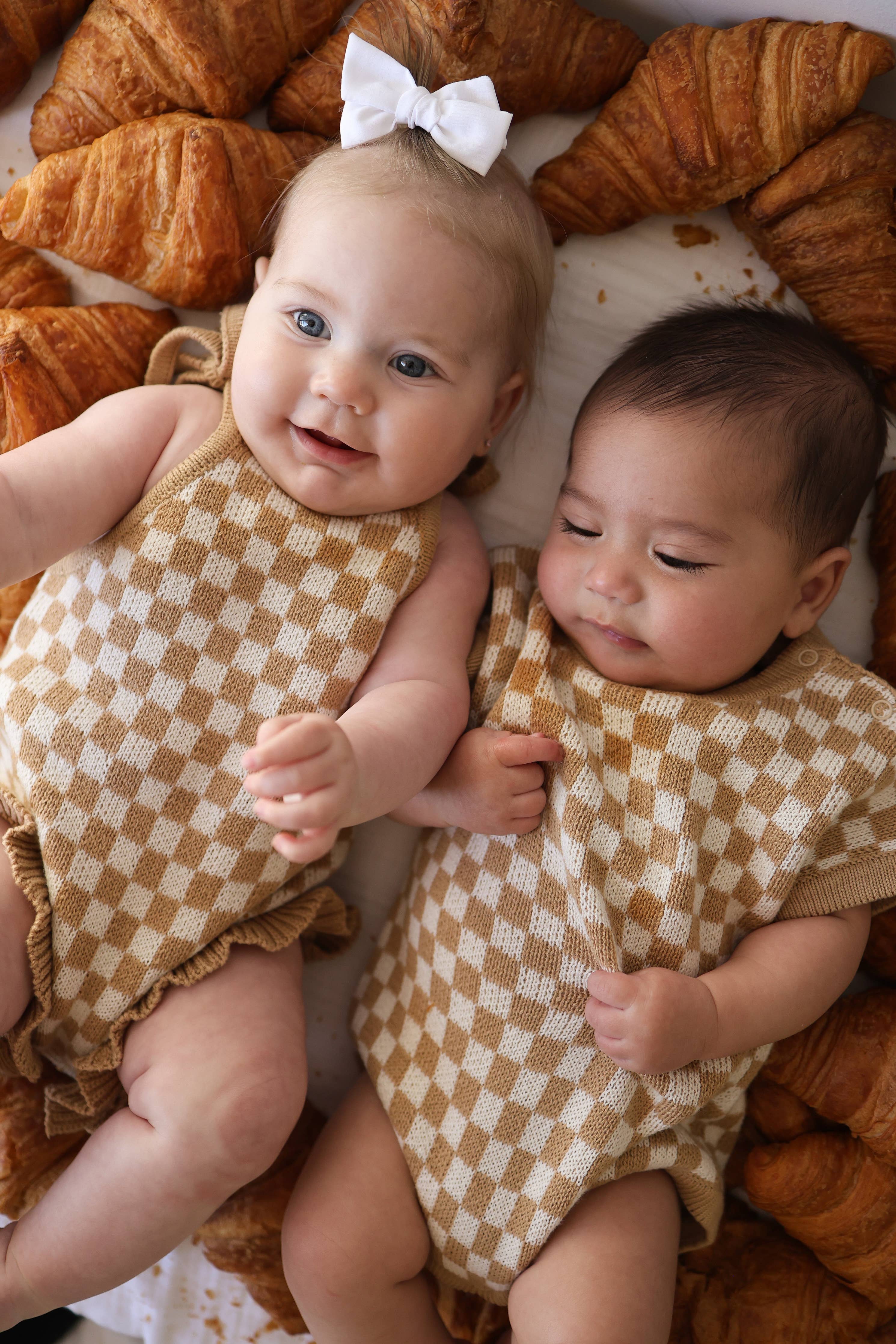 Forever French Baby - Knit Ruffle Romper | Latte Check