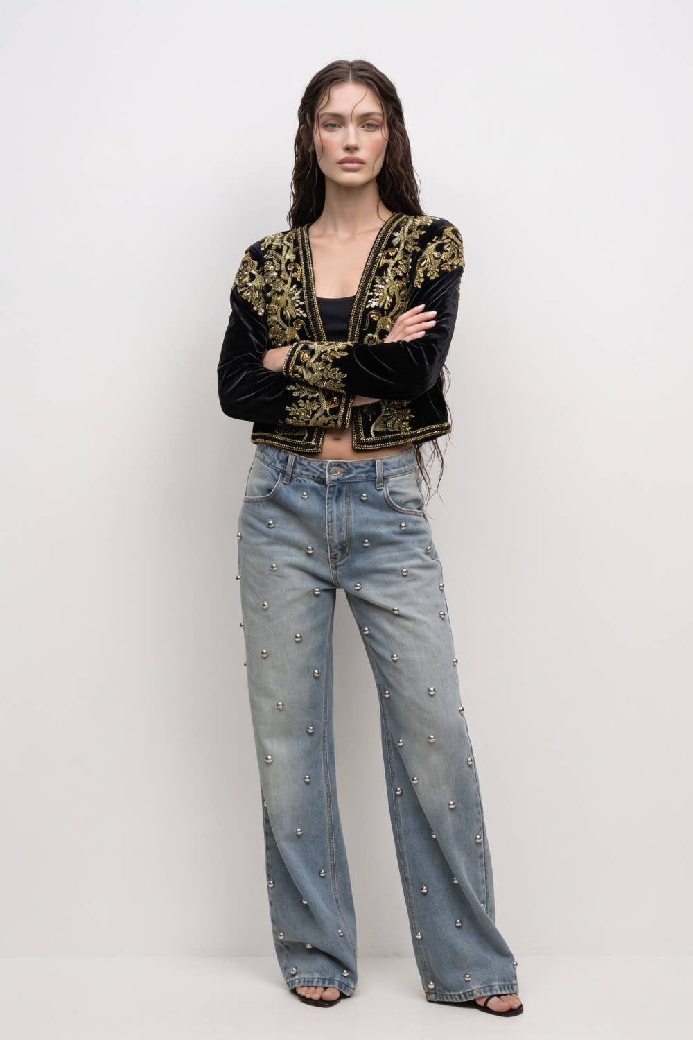 Beulah Style - Embroidered Velvet Cropped Open-Front Jacket