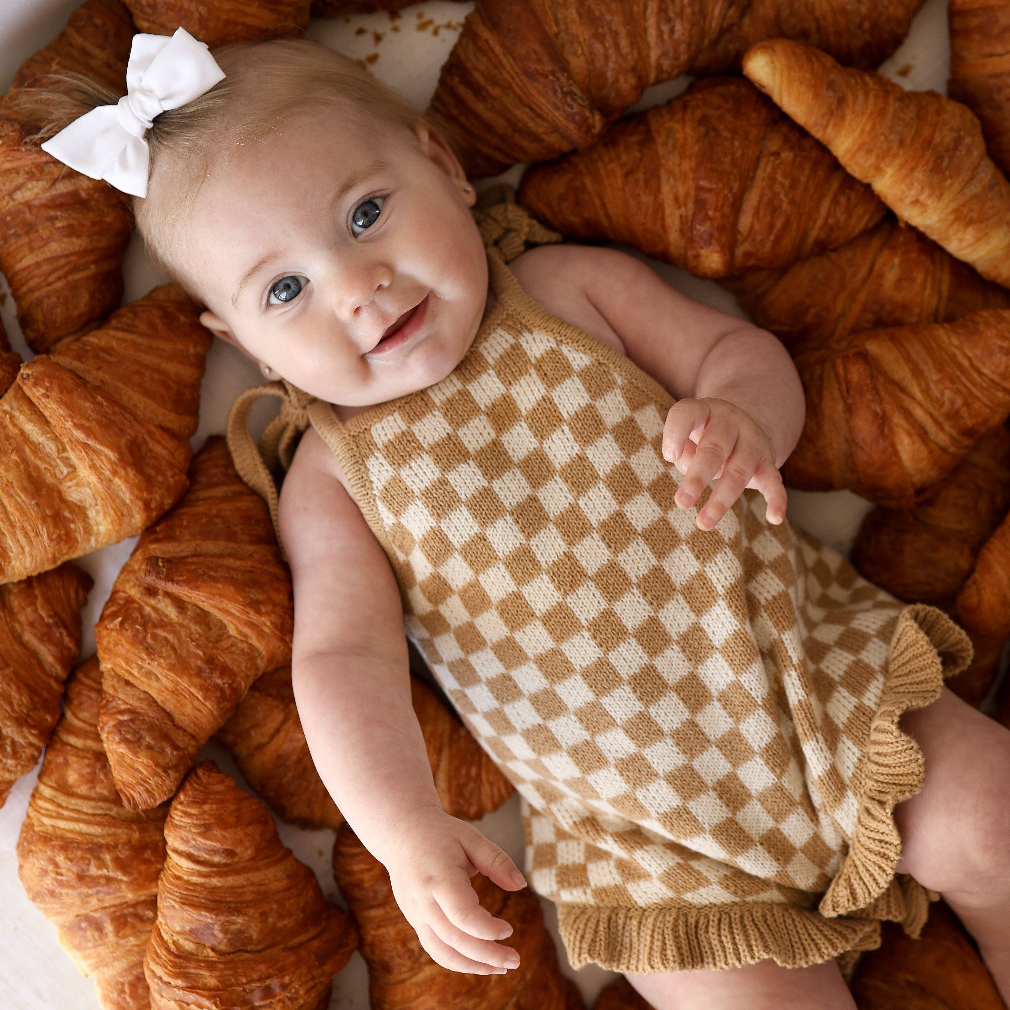 Forever French Baby - Knit Ruffle Romper | Latte Check