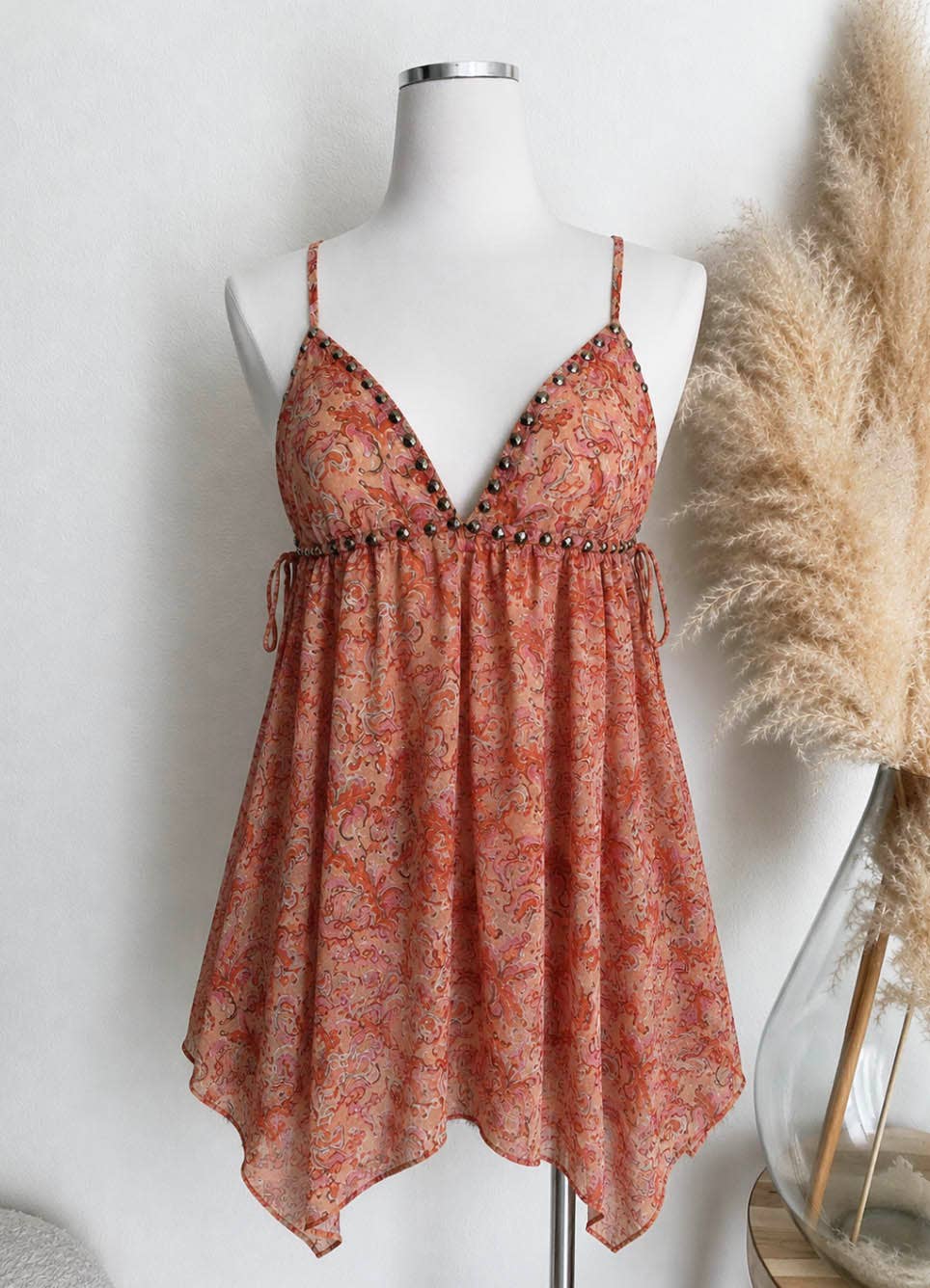 ACOA COLLECTION - HANDKERCHIEF HEM BABYDOLL CAMI WITH BEADS