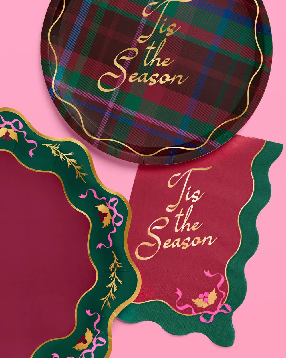 xo, Fetti - Tis the Season Plate Set - 32 paper plates, 2 sizes Christmas Xmas Holiday Tablescape