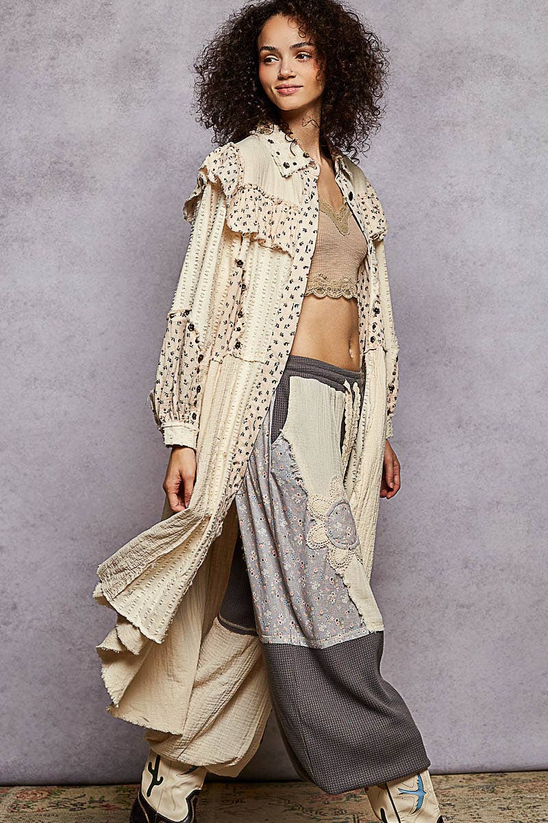 Pol Clothing - Balloon sleeve studs knee length ruffle detail jacket