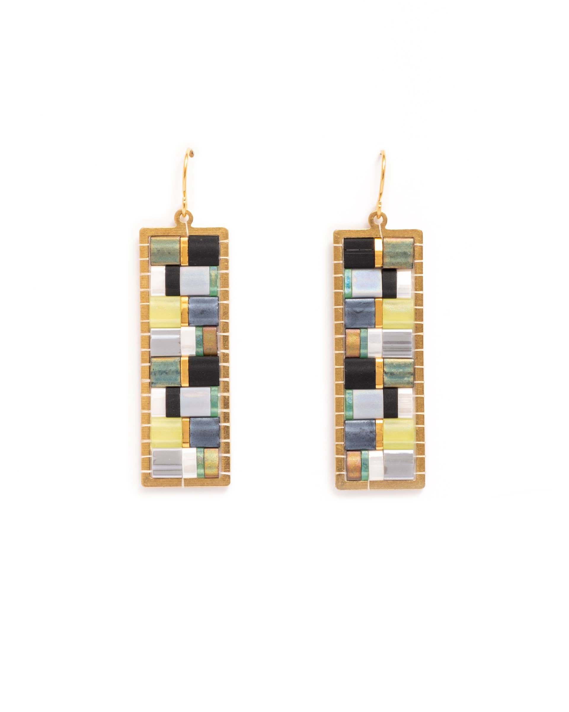Mayana Designs Co - Beaded Handwoven Mosaic Tila and Brass Earrings (Aqua/Red)