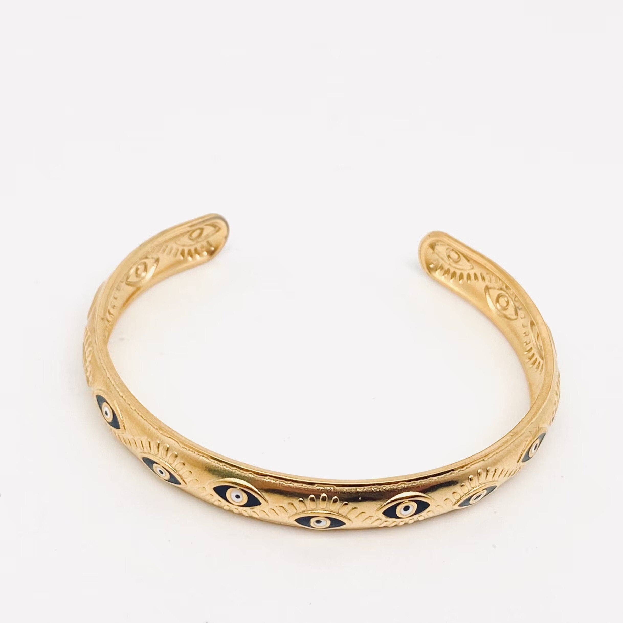 Mio Queena - Black Evil Eye Cuff 18k Gold Plated Steel Bangle - FGS