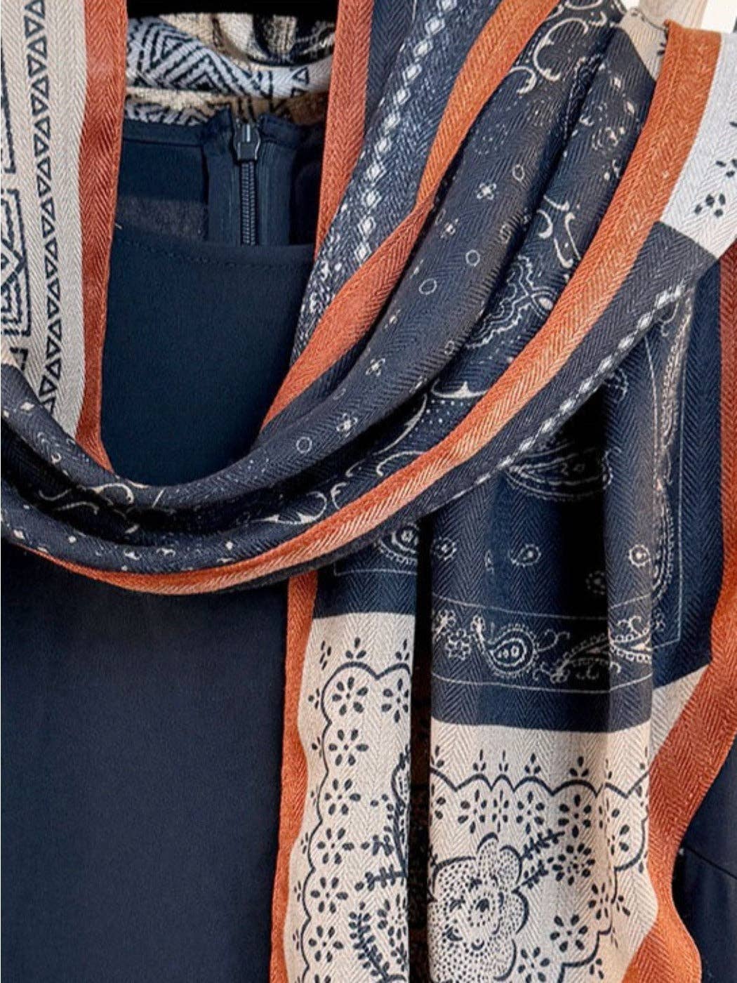 Funkyrel® Atzbranding Limited - Scarvii - Navy Blue Boho Floral Printed Scarf