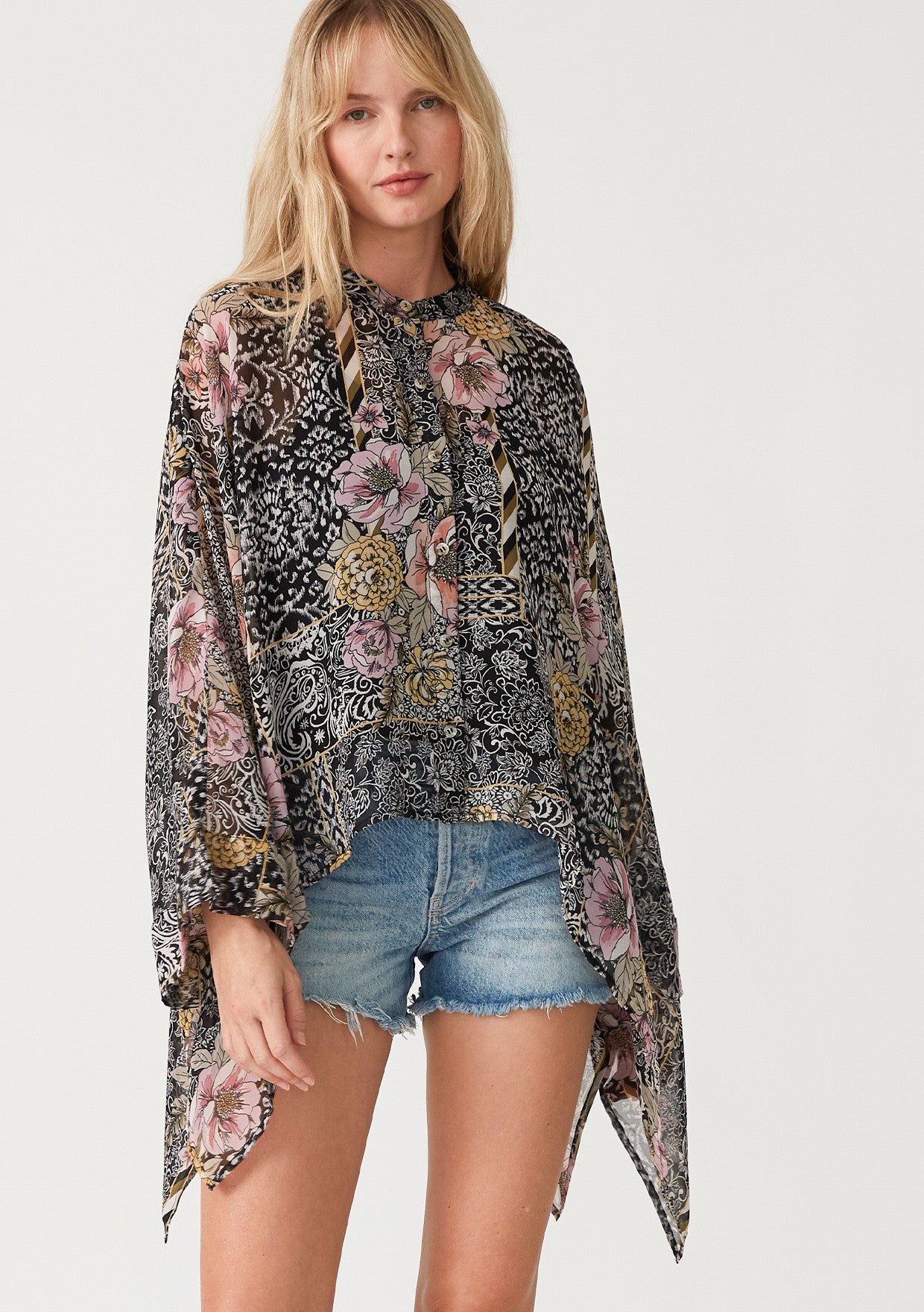 Sheer Floral Asymmetric Button Front Blouse