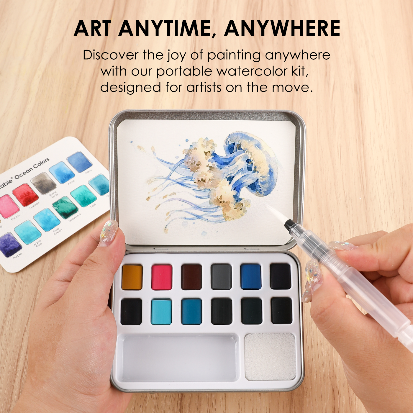 Grabie - Watercolor Pocket Set Of 12 With Brush - Ocean Colors